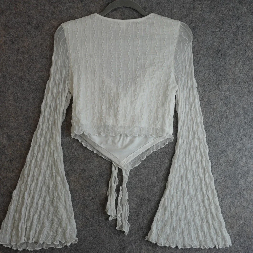 Y2K Ethereal Tie Front Bell Sleeve Crop Top L White Textured Sheer Mesh Fairy